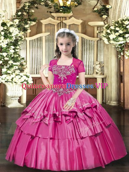 Hot Pink Lace Up Straps Beading Pageant Gowns For Girls Taffeta Sleeveless - Click Image to Close