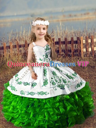 Sleeveless Lace Up Floor Length Embroidery and Ruffles Little Girl Pageant Dress