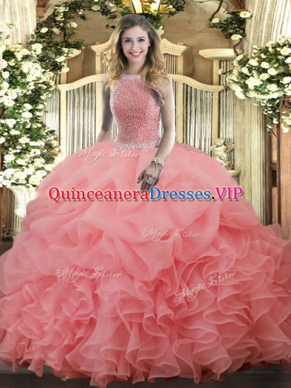 Custom Designed Sleeveless Organza Floor Length Lace Up Quince Ball Gowns in Watermelon Red with Beading and Ruffles and Pick Ups - Click Image to Close