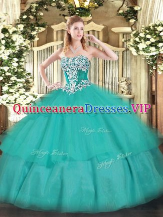 Turquoise Tulle Lace Up Strapless Sleeveless Floor Length Sweet 16 Dress Beading and Ruffled Layers