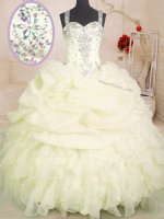 Free and Easy Light Yellow Organza Zipper Quinceanera Dresses Sleeveless Floor Length Beading and Ruffles and Pick Ups