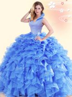 Extravagant Blue Backless Ball Gown Prom Dress Beading and Ruffles Sleeveless Floor Length