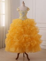 High Quality Gold Lace Up Teens Party Dress Beading and Ruffled Layers Sleeveless Floor Length(SKU SWLG188BIZ)