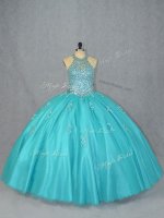 Comfortable Floor Length Lace Up Quinceanera Gowns Aqua Blue for Sweet 16 and Quinceanera with Beading