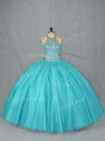 Comfortable Floor Length Lace Up Quinceanera Gowns Aqua Blue for Sweet 16 and Quinceanera with Beading