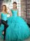 Two Pieces Quinceanera Dress Aqua Blue Off The Shoulder Tulle Sleeveless Floor Length Lace Up