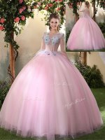 Enchanting Scoop Long Sleeves Floor Length Lace Up Quince Ball Gowns Baby Pink for Military Ball and Sweet 16 and Quinceanera with Appliques