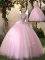 Enchanting Scoop Long Sleeves Floor Length Lace Up Quince Ball Gowns Baby Pink for Military Ball and Sweet 16 and Quinceanera with Appliques