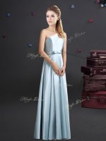 Trendy One Shoulder Light Blue Elastic Woven Satin Zipper Vestidos de Damas Sleeveless Bowknot