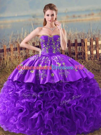 Most Popular Sweetheart Sleeveless Fabric With Rolling Flowers 15th Birthday Dress Embroidery and Ruffles Brush Train Lace Up - Click Image to Close