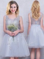 Sumptuous Scoop Mini Length Zipper Dama Dress Grey for Prom and Party and Wedding Party with Beading and Appliques