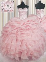 Baby Pink Organza Lace Up Sweetheart Sleeveless Floor Length 15th Birthday Dress Beading and Ruffles