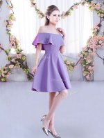 High Class Lavender A-line Chiffon Off The Shoulder Short Sleeves Ruching Mini Length Zipper Damas Dress(SKU BMT0463F-1BIZ)