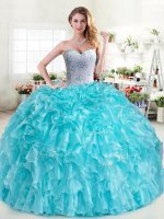 Suitable Floor Length Aqua Blue Sweet 16 Dress Sweetheart Sleeveless Lace Up
