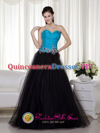 Strapless Blue and Black A-line Sweetheart Floor-length Appliques Quinceanera Dama Dress in Horten Norway