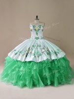 Embroidery Ball Gown Prom Dress Green Lace Up Sleeveless Brush Train