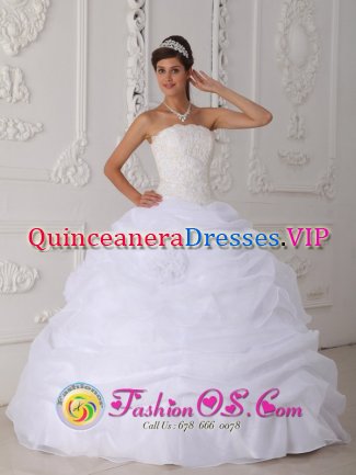 Gorgeous Ruffled White Bear Delaware/ DE Quinceanera Dress In New York Lace Strapless Floor-length Organza Ball Gown