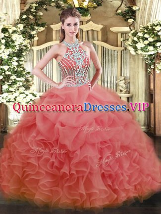 Watermelon Red Sleeveless Floor Length Beading Lace Up Vestidos de Quinceanera