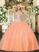 Luxurious Peach Sweet 16 Dress Military Ball and Sweet 16 and Quinceanera with Beading Sweetheart Sleeveless Lace Up