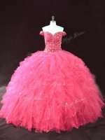 Hot Pink Ball Gowns Beading and Ruffles Quinceanera Dress Lace Up Tulle Sleeveless Floor Length