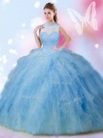 Baby Blue Ball Gowns Beading and Ruffles Ball Gown Prom Dress Lace Up Tulle Sleeveless Floor Length