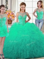 Classical Three Piece Scoop Sleeveless Lace Up Quinceanera Gowns Turquoise Tulle