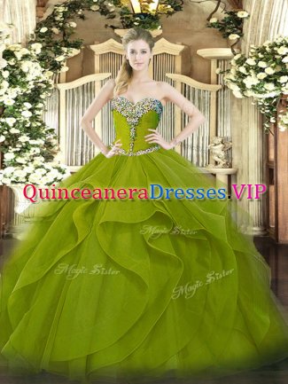 Olive Green Tulle Lace Up Sweetheart Sleeveless Floor Length 15 Quinceanera Dress Beading and Ruffles
