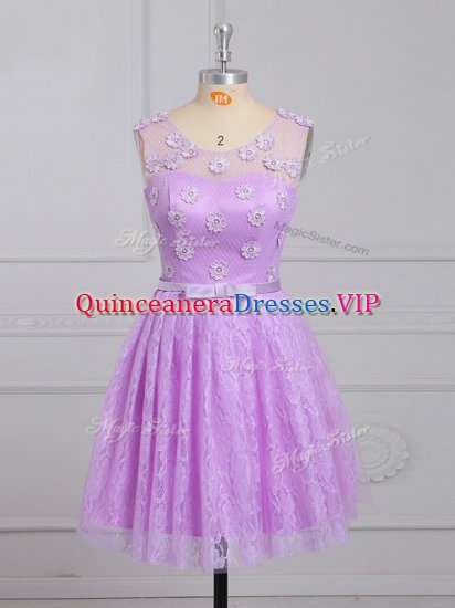 Lilac Empire Lace Scoop Sleeveless Appliques and Belt Mini Length Lace Up Quinceanera Court of Honor Dress - Click Image to Close