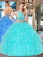 Halter Top Sleeveless Beading and Ruffles Backless Ball Gown Prom Dress