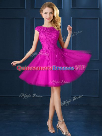 Tulle Bateau Cap Sleeves Lace Up Lace and Belt Dama Dress in Fuchsia - Click Image to Close