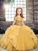Amazing Gold Sleeveless Beading and Ruffles Floor Length Pageant Dress Womens