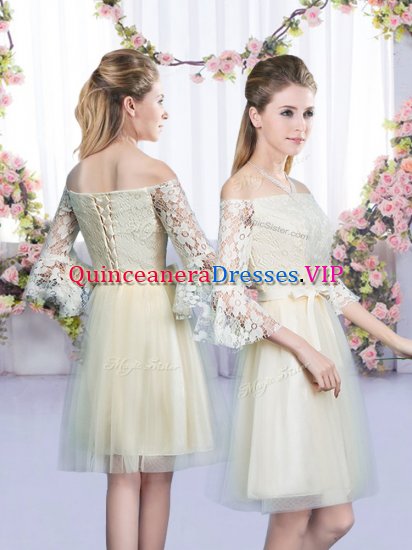 Romantic Empire Quinceanera Court of Honor Dress Champagne Off The Shoulder Tulle 3 4 Length Sleeve Mini Length Lace Up - Click Image to Close