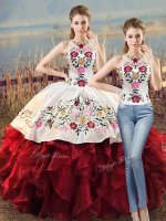 Glittering White And Red Two Pieces Embroidery and Ruffles Sweet 16 Dresses Lace Up Organza Sleeveless Floor Length
