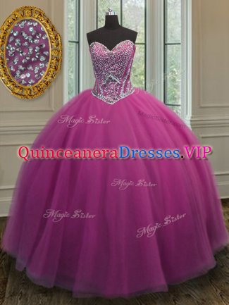 Customized Sleeveless Tulle Floor Length Lace Up Quince Ball Gowns in Lilac with Beading
