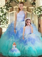 Deluxe Ball Gowns Sweet 16 Dresses Multi-color High-neck Tulle Sleeveless Floor Length Backless