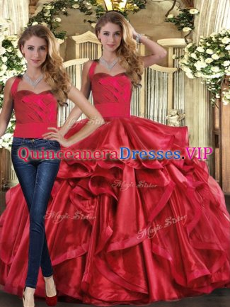 High Quality Floor Length Red Sweet 16 Quinceanera Dress Halter Top Sleeveless Lace Up