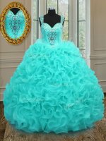 Organza Straps Sleeveless Zipper Beading and Ruffles Quince Ball Gowns in Aqua Blue