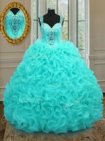 Organza Straps Sleeveless Zipper Beading and Ruffles Quince Ball Gowns in Aqua Blue(SKU PSSW015-6BIZ)