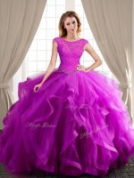 Fashion Scoop Cap Sleeves With Train Beading and Appliques and Ruffles Lace Up Sweet 16 Dresses with Fuchsia Brush Train