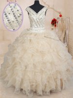 Customized Champagne V-neck Zipper Beading and Ruffles and Sequins Quince Ball Gowns Cap Sleeves