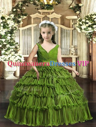 Ball Gowns Girls Pageant Dresses Olive Green V-neck Sleeveless Floor Length Backless