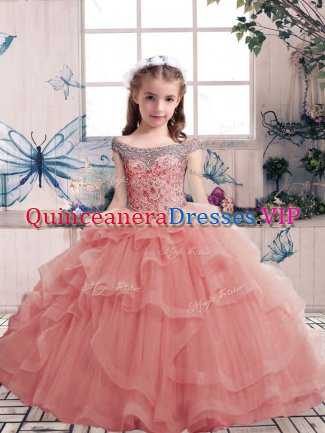 Dramatic Pink Lace Up Scoop Beading and Ruffles Little Girl Pageant Dress Tulle Sleeveless