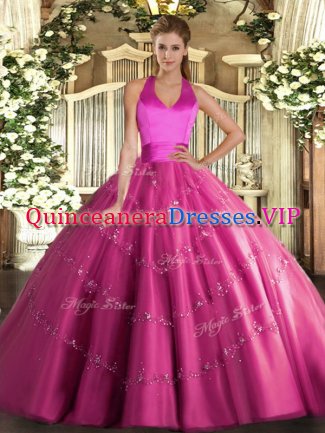 Sumptuous Sleeveless Floor Length Appliques Lace Up 15th Birthday Dress with Hot Pink