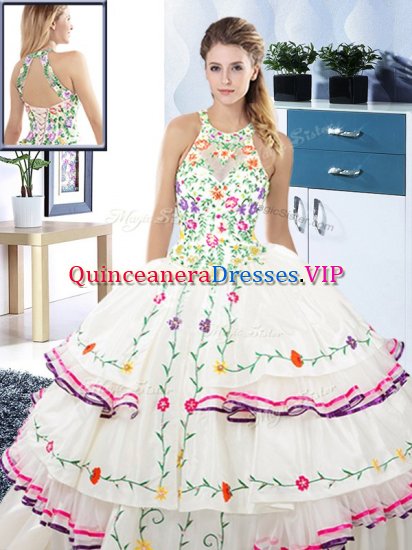 Cheap Halter Top Embroidery and Ruffled Layers Sweet 16 Dress White Lace Up Sleeveless Floor Length - Click Image to Close