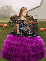 Classical Fuchsia Organza Lace Up Straps Sleeveless Floor Length Child Pageant Dress Embroidery and Ruffled Layers