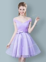 Lavender Zipper Dama Dress Ruching and Bowknot Cap Sleeves Knee Length