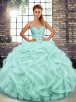 Cute Apple Green Tulle Lace Up Sweetheart Sleeveless Floor Length Quince Ball Gowns Beading and Ruffles