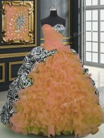 Printed Beading and Ruffles and Pattern Quinceanera Dresses Orange Lace Up Sleeveless With Brush Train