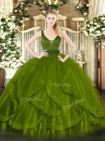 Floor Length Olive Green Quinceanera Dresses Tulle Sleeveless Beading and Ruffles(SKU SJQDDT1618002-1BIZ)