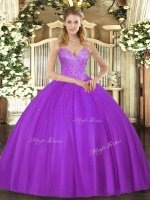 Trendy Eggplant Purple Ball Gowns Tulle V-neck Sleeveless Beading Floor Length Lace Up Sweet 16 Dresses
